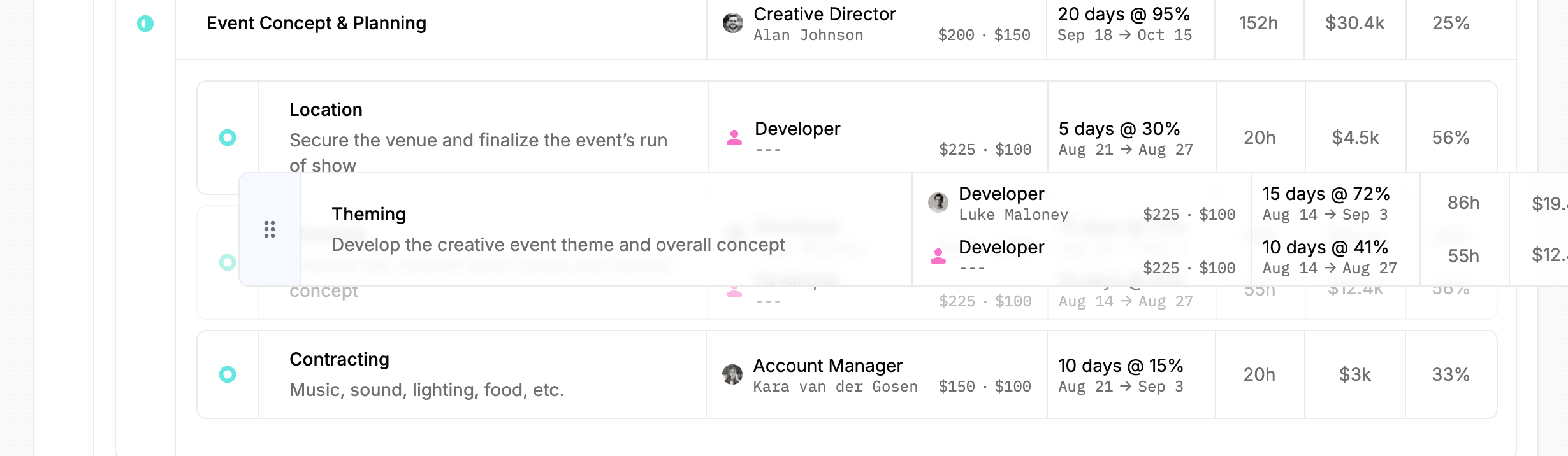 Screenshot of the Project Plan page list view drag and drop for line items